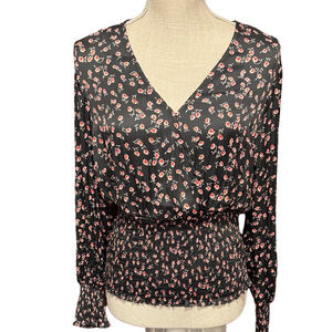 GAP Smocked Wrap Black and Pink Floral Blouse NWT